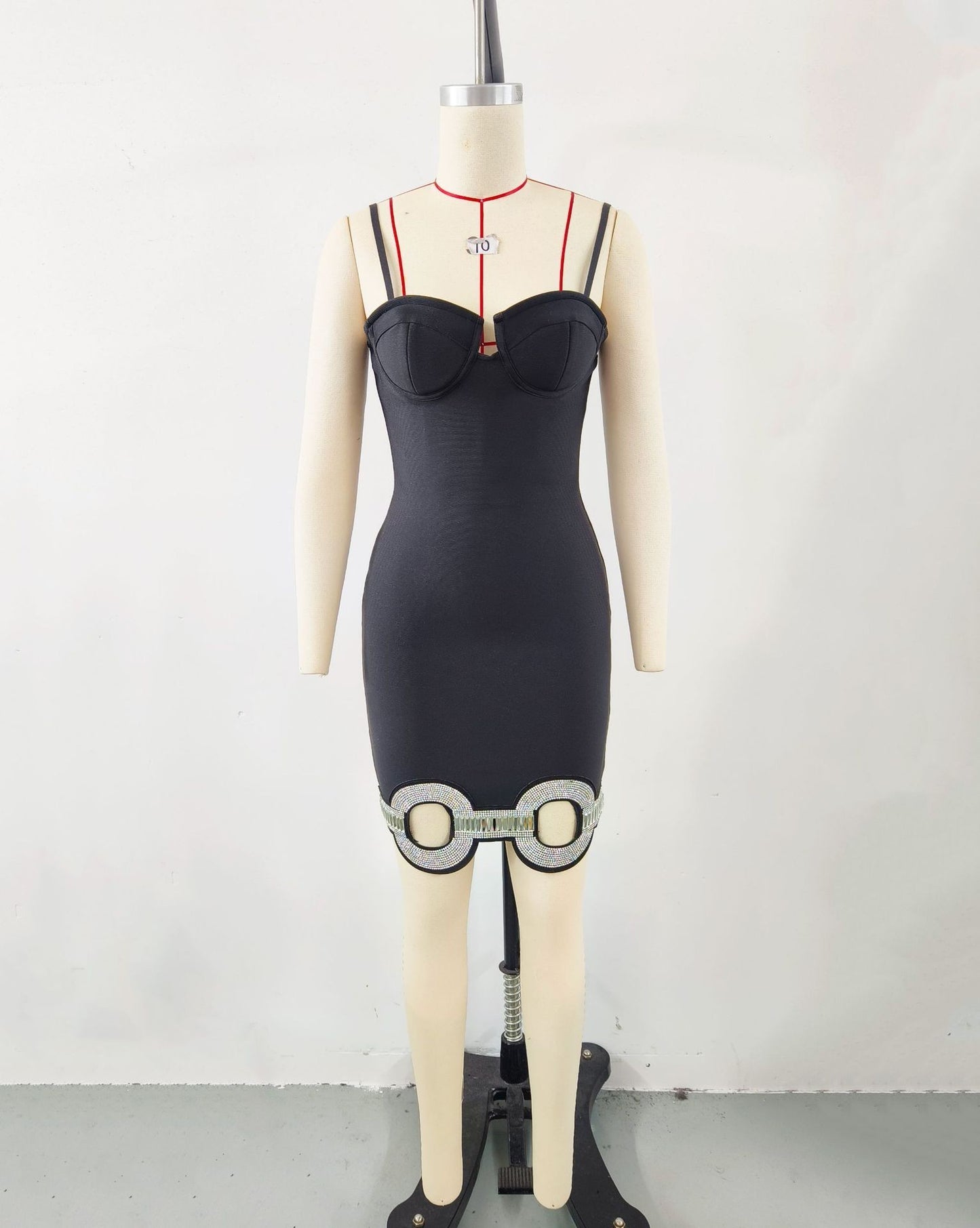 Black Spaghetti Strap Double Loop Rhinestone Bandage Dress