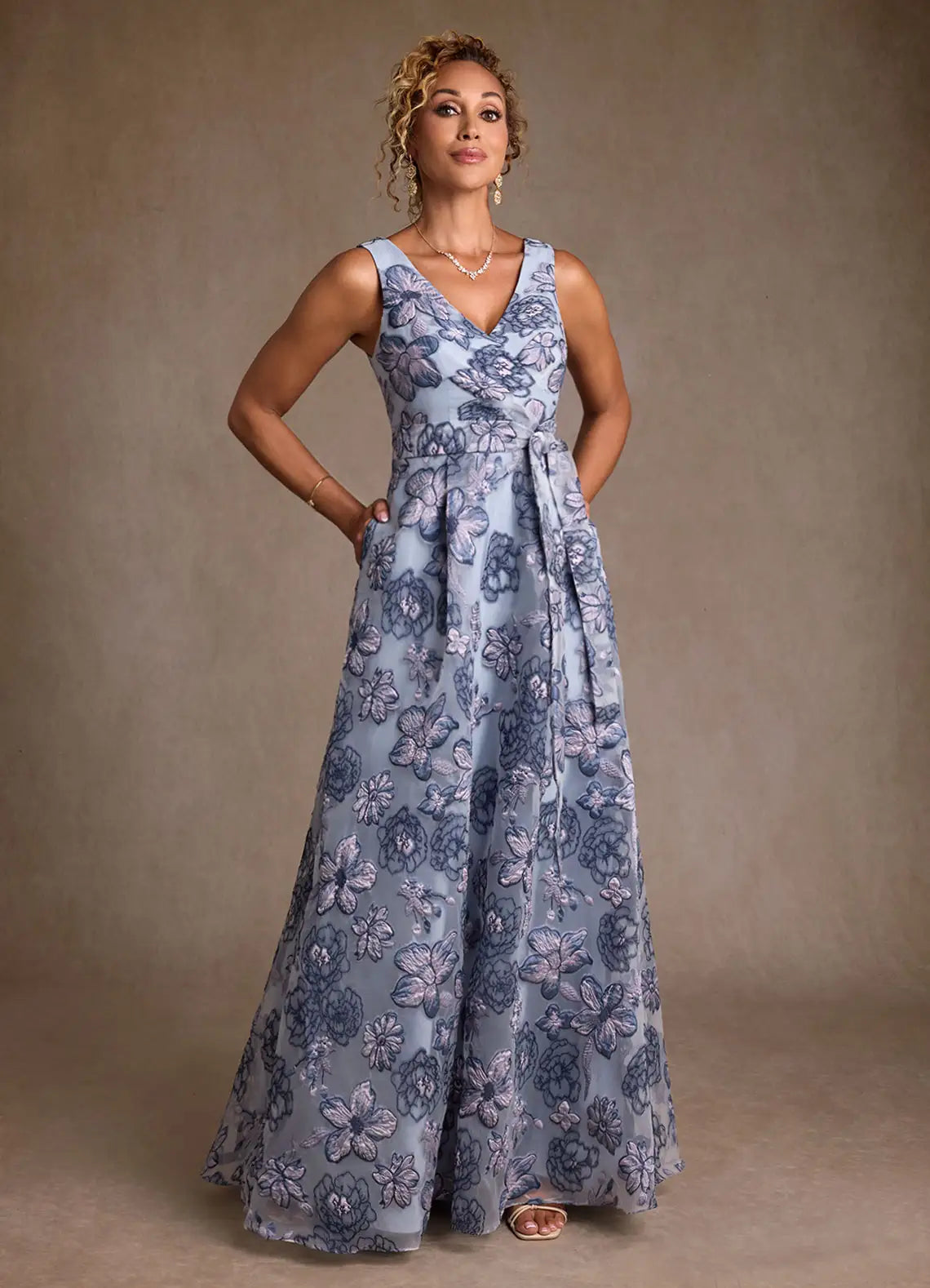 Dusty Blue Jacquard A-Line Pleated Floral Jacquard Dress
