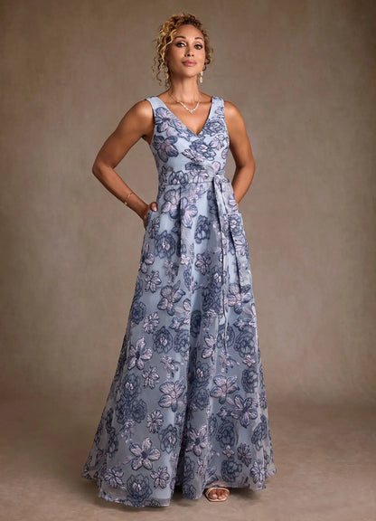Dusty Blue Jacquard A-Line Pleated Floral Jacquard Dress