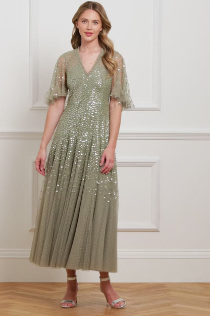Dappled Sequin Cape Ankle Gown