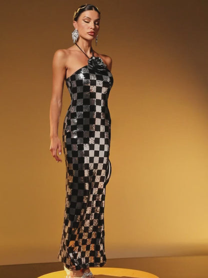 Hexar Halterneck Flower Sequin Maxi Dress
