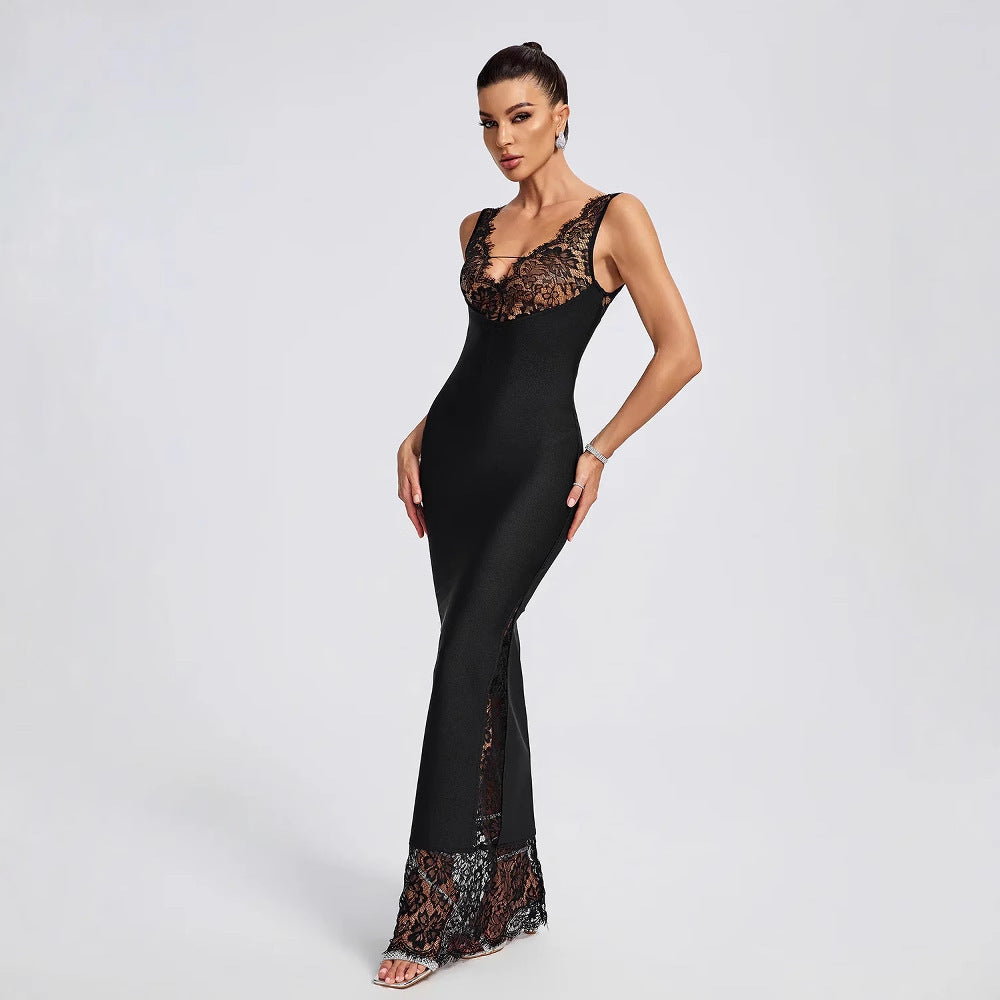 V-Neck Lace Panel Spaghetti Strap Bandage Dress