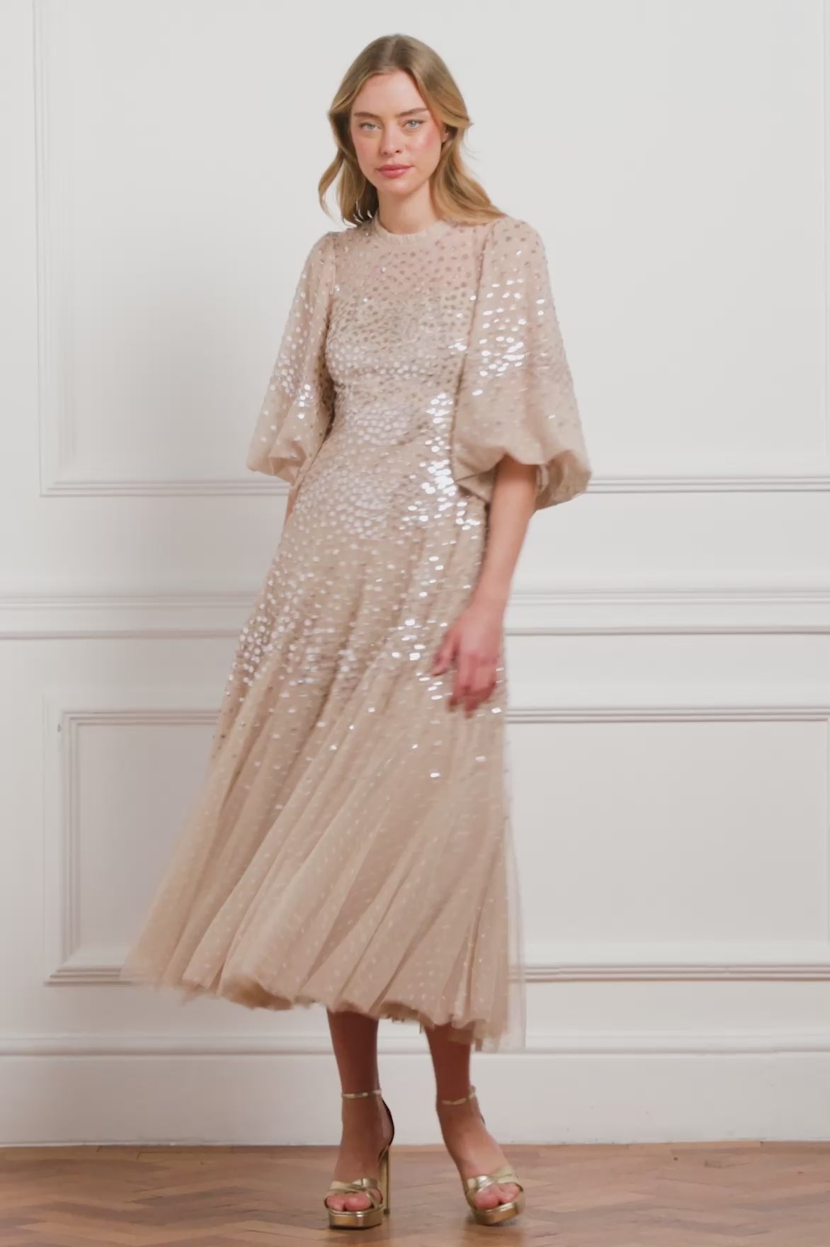 Scallop Sequin Round Neck Ankle Gown