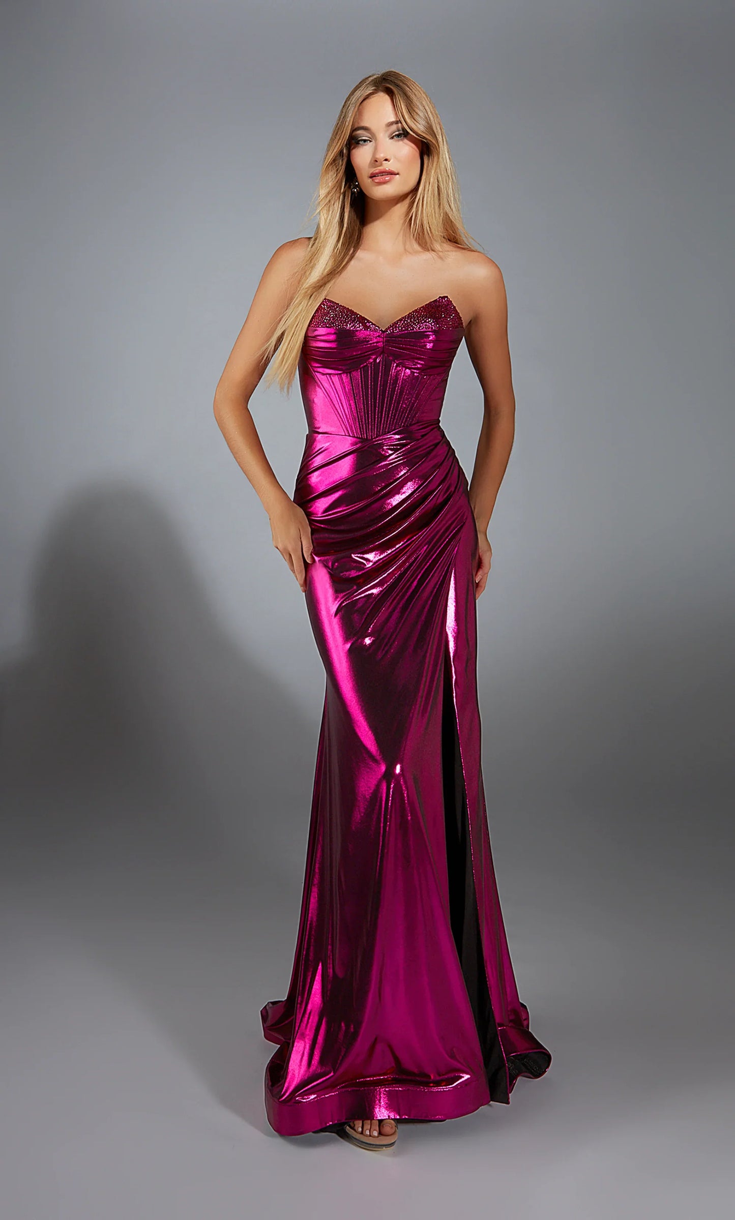 Alyce Paris - 61798 - Metallic Foil Corset Gown with Slit