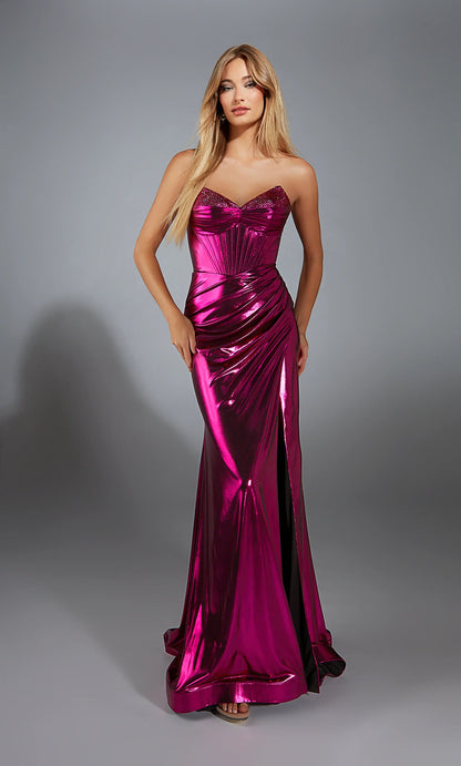 Alyce Paris - 61798 - Metallic Foil Corset Gown with Slit