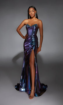 Alyce Paris - 61798 - Metallic Foil Corset Gown with Slit