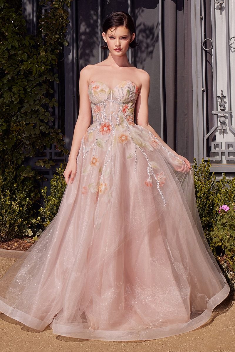 Andrea & Leo - A1383 - Strapless Floral Ballgown with Sheer Bodice