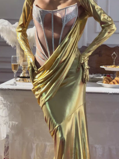 Cimberleigh Long Sleeve Hooded Ruched Maxi Dress In Gold