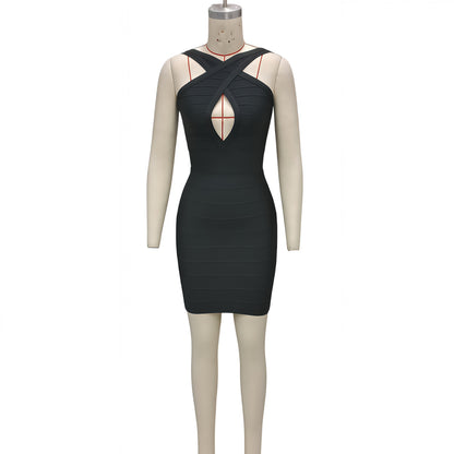 Black Criss-Cross Halter Bandage Dress, Sexy Cutout Slim Fit Bodycon Mini Party Gown
