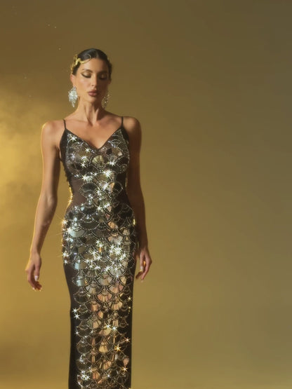 Nyxara Spaghetti Sequin Maxi Dress