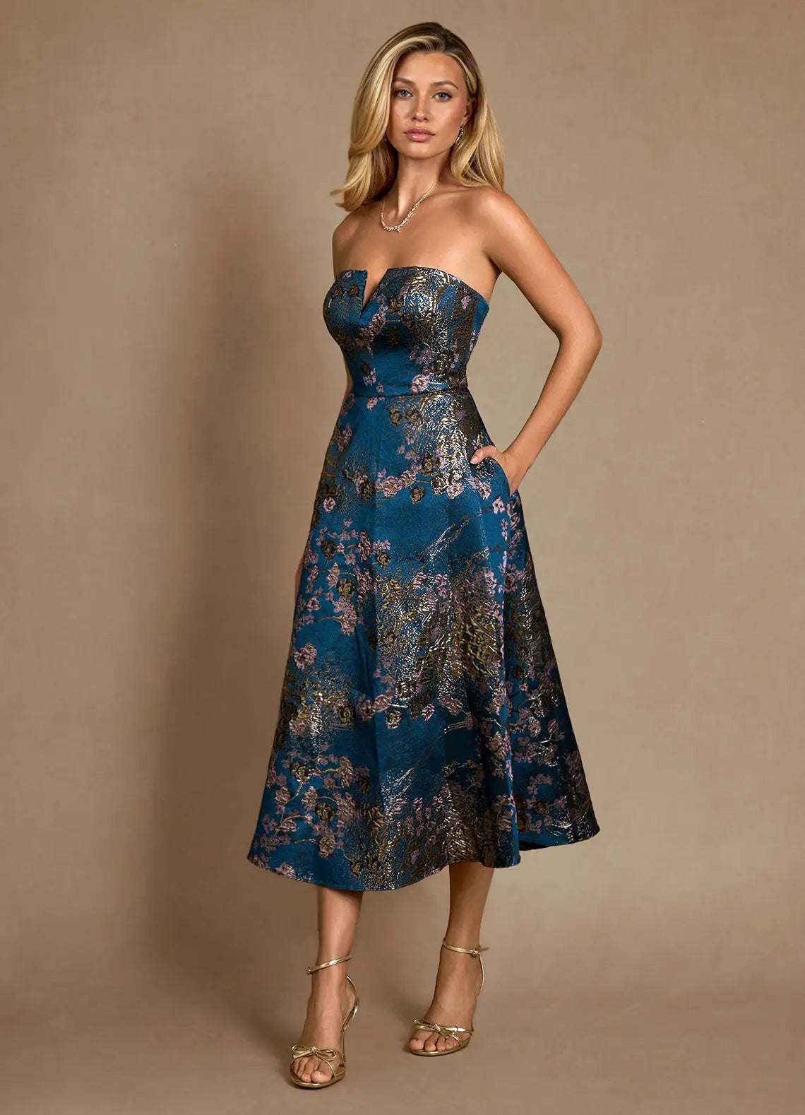 Teal Floral A-Line Pleated Brocade Dress
