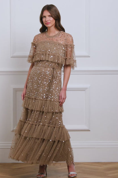 Leila Dot Tiered Cape Ankle Gown