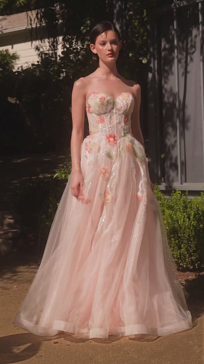 Andrea & Leo - A1383 - Strapless Floral Ballgown with Sheer Bodice