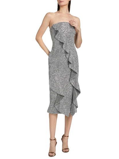 Katy Sequin Ruffle Strapless Cocktail Dress