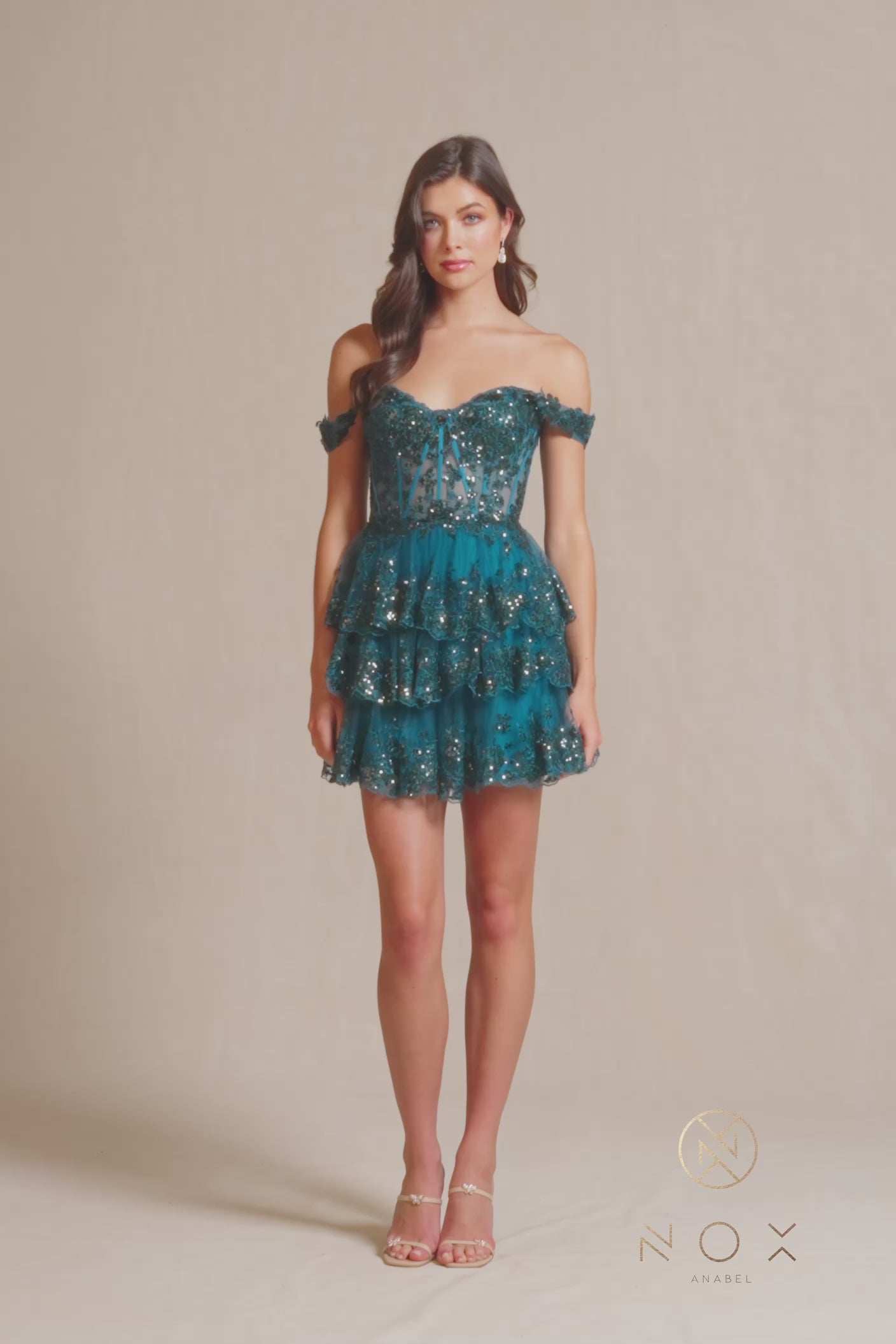Off-Shoulder Short Ruffled Sequin Hoco Dress K856