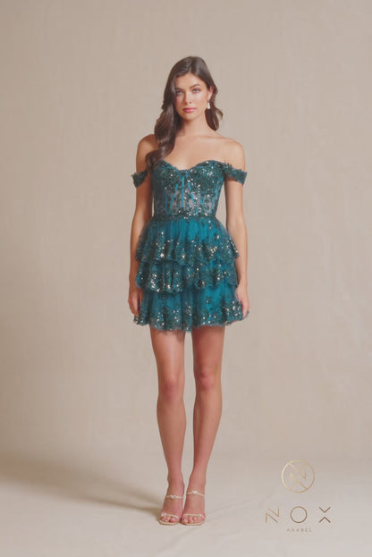 Off-Shoulder Short Ruffled Sequin Hoco Dress K856