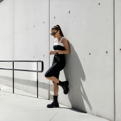 Black and White Color Block Metal Button Bandage Dress