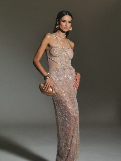 Oleg Rhinestone Sequin Mesh Maxi Dress