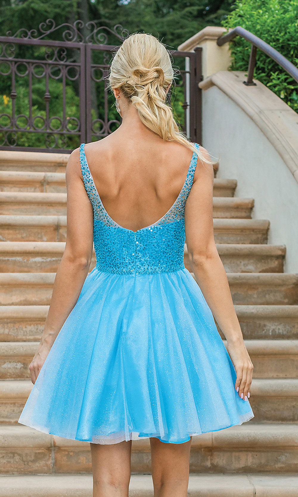 Sleeveless Sequin-Bodice Short Glitter Prom Dress