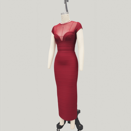 Cap-Sleeve Sheer Mesh Bandage Maxi Dress