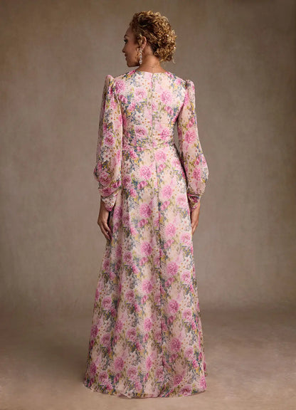 Lavender Floral A-Line Pleated Chiffon Dress