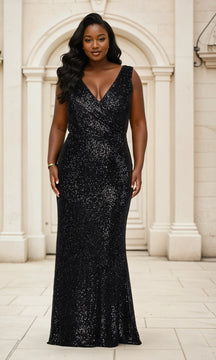 La Femme Plus-Size V-Neck Sequin Long Prom Dress