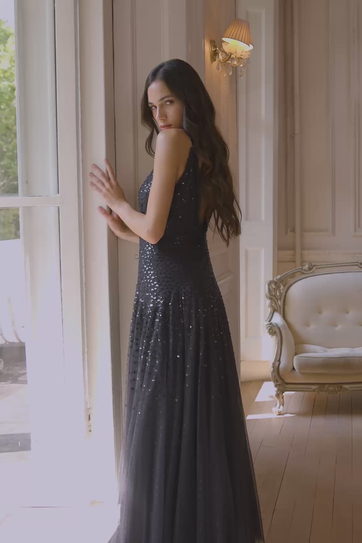 Sequin Cascade Cami Plunge Gown