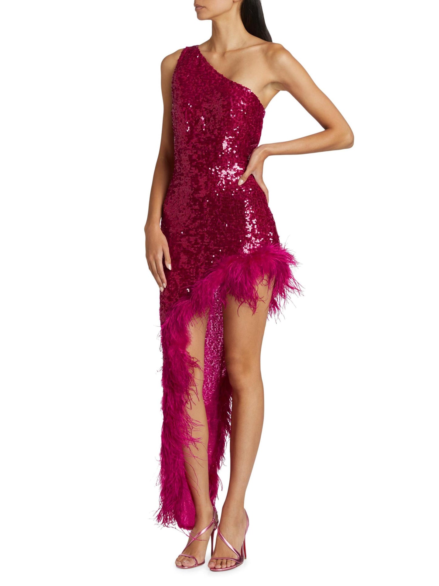 Sequin Feather One-Shoulder Midi Dress