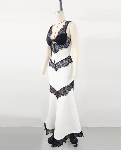 Women's Lace Panel Lace-Up Evening Gown, Elegant Sexy Bodycon Prom Party Dress