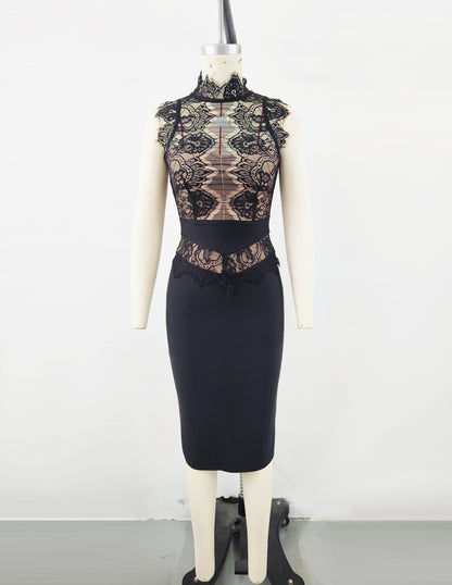 Women's Sexy Lace Turtleneck Dress, Elegant Slim Fit Bodycon Evening Party Dress
