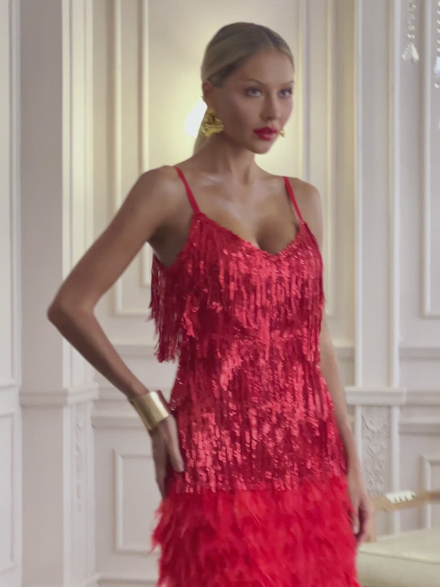 Austyn Tassel Feather Mini Dress In Red