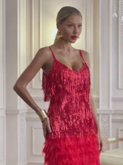 Austyn Tassel Feather Mini Dress In Red