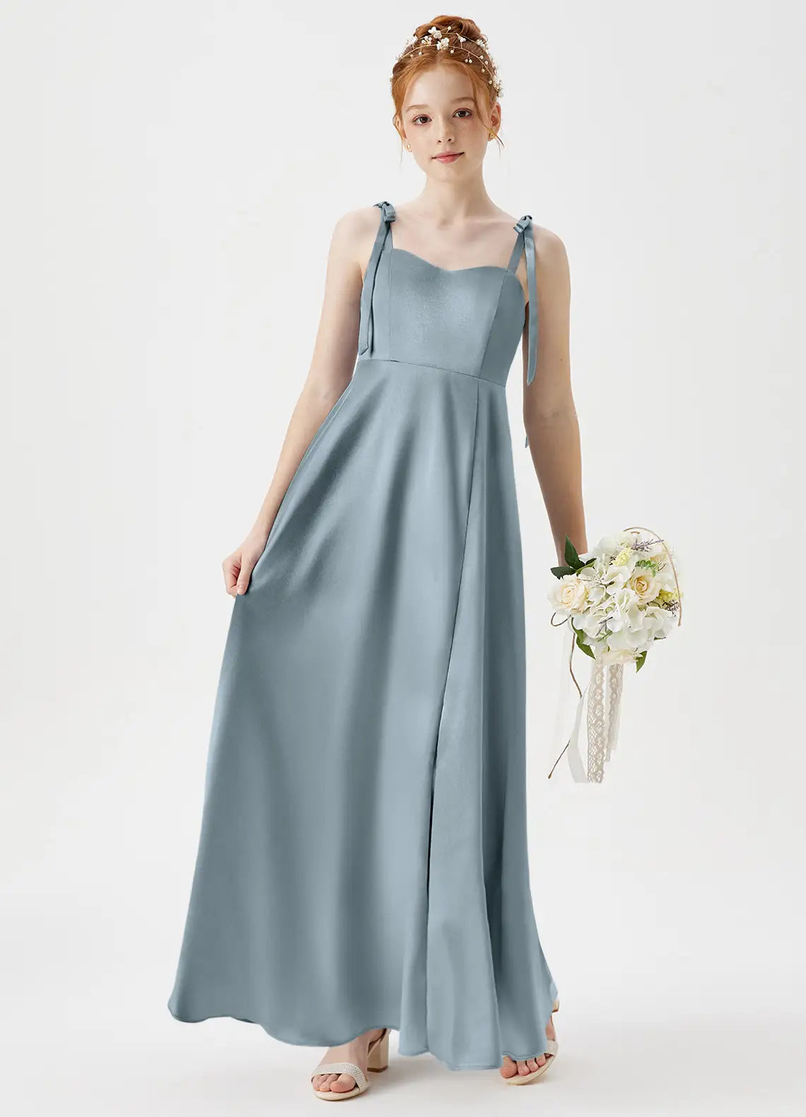 Dusty Blue A-Line Sweetheart Neckline Metallic Satin Dress