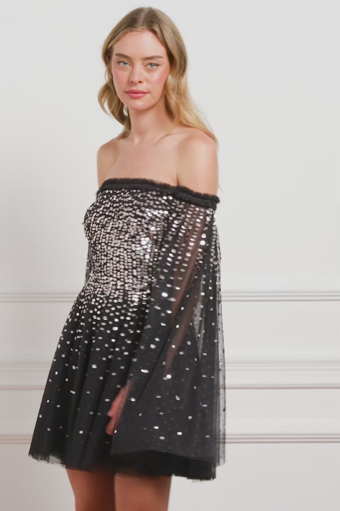 Moonlight Sequin Cape Micro Mini Dress