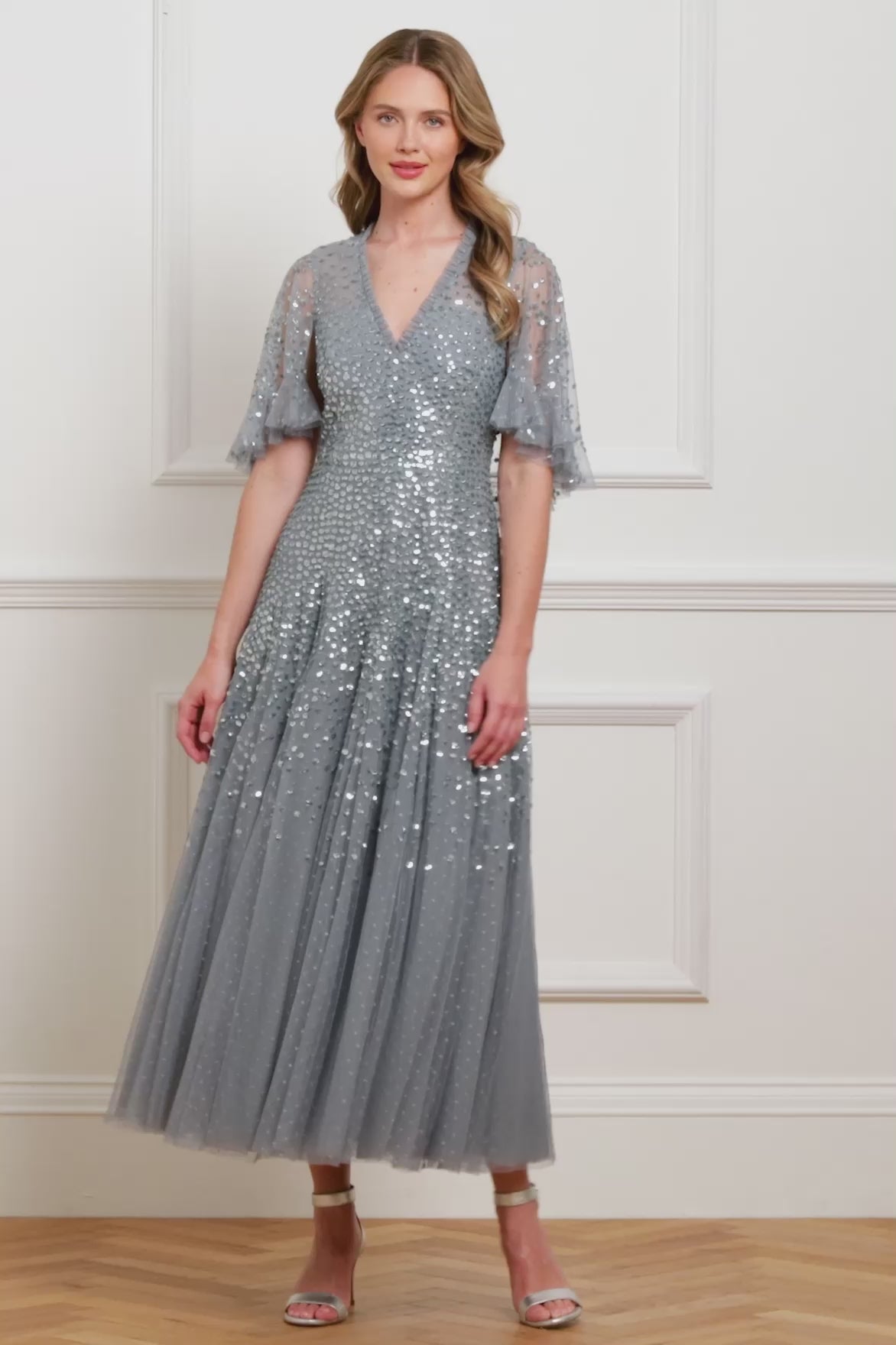 Dappled Sequin Cape Ankle Gown