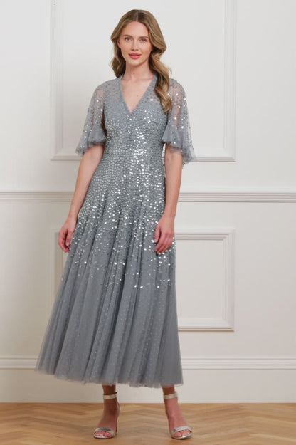 Dappled Sequin Cape Ankle Gown
