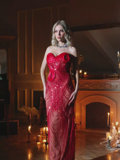 Kaloni Strapless Sequin Mesh Maxi Dress In Red