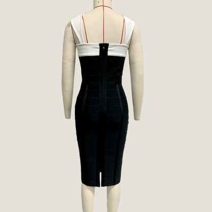 Black and White Color Block Metal Button Bandage Dress