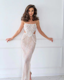 Pearl Chain Strapless Lace Cutout Evening Gown