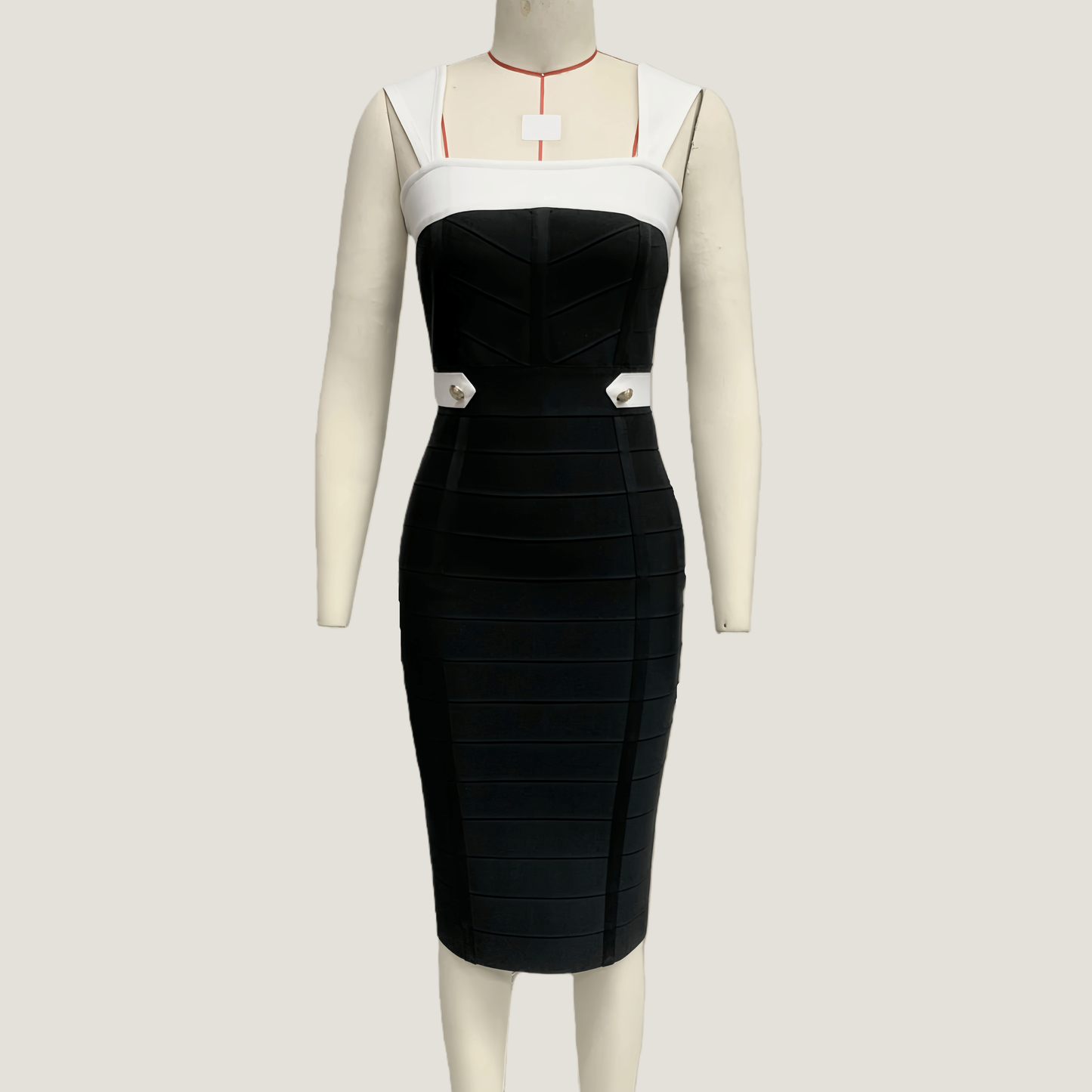Black and White Color Block Metal Button Bandage Dress