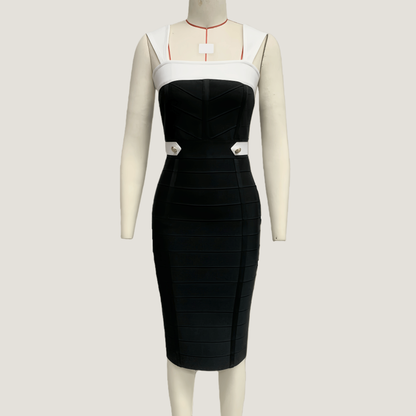 Black and White Color Block Metal Button Bandage Dress