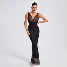 V-Neck Lace Panel Spaghetti Strap Bandage Dress