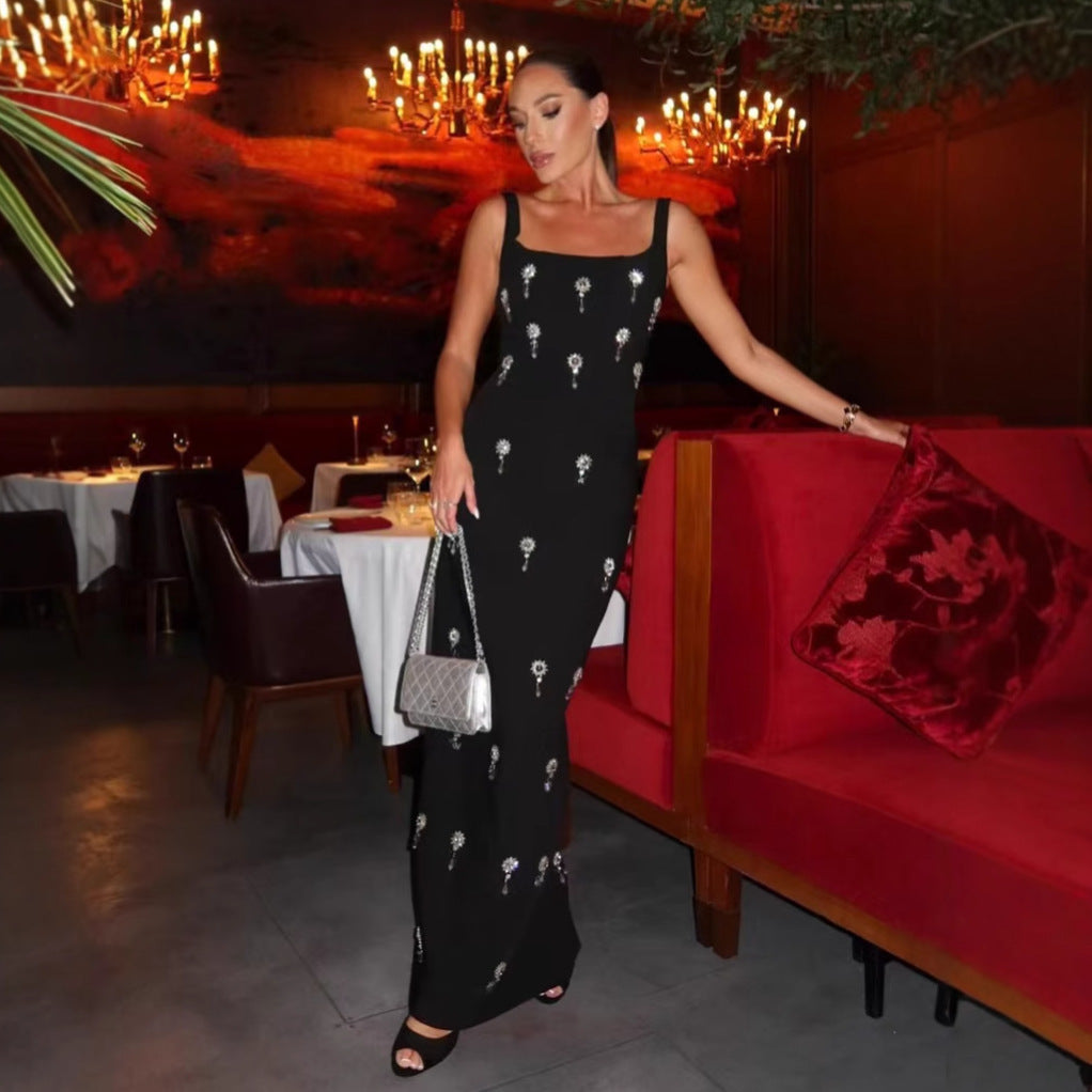 Rhinestone Floral Spaghetti Strap Long Bandage Dress