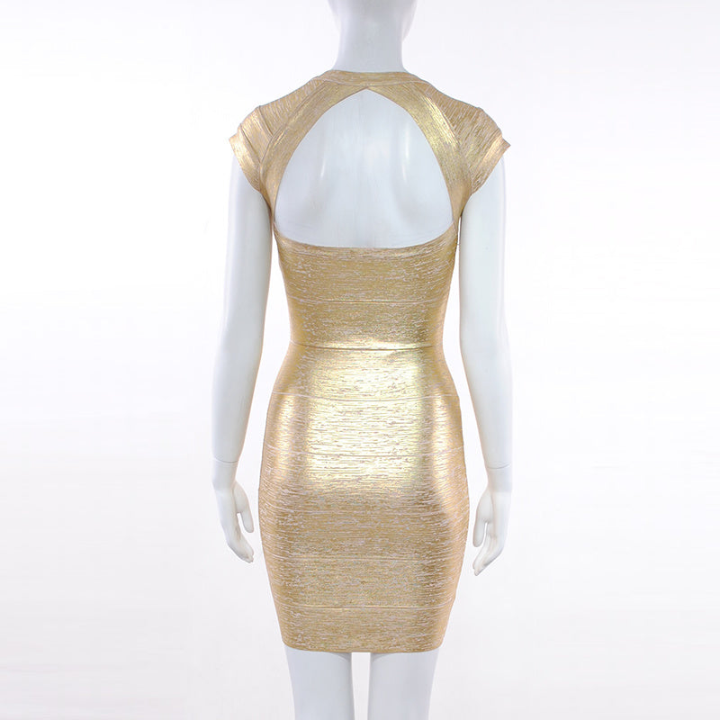 Gold V-Neck Bandage Dress, Sexy Hot Girl Evening Wear