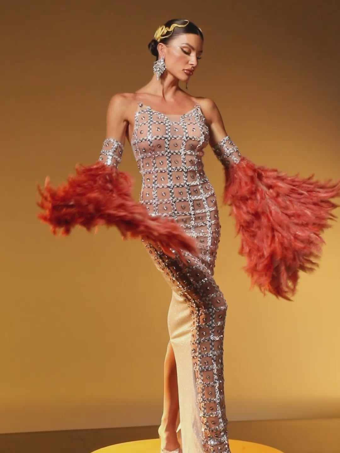 Hyrix Feather Bell Sleeve Embellished Maxi Dress