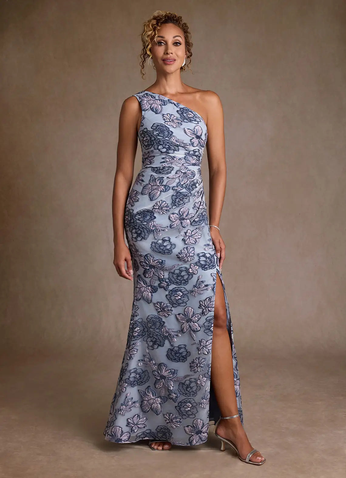 Dusty Blue Jacquard Trumpet One Shoulder Floral Jacquard Dress