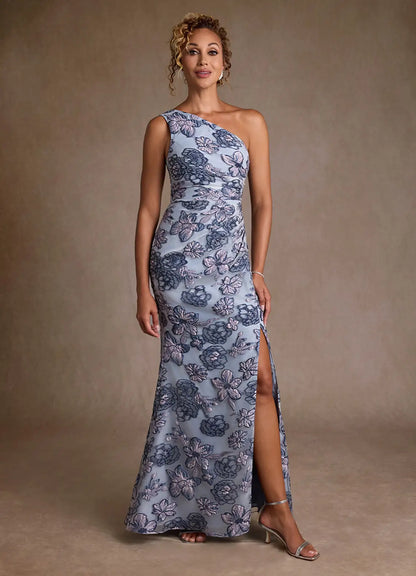 Dusty Blue Jacquard Trumpet One Shoulder Floral Jacquard Dress
