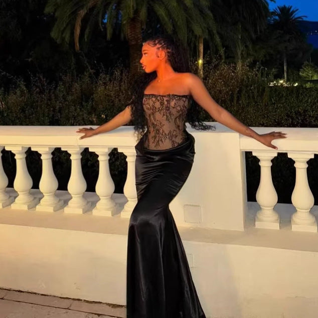 Strapless Lace Layered Waist Bandage Dress