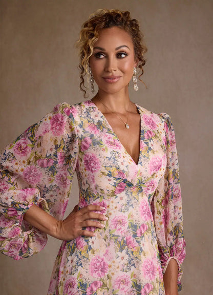 Lavender Floral A-Line Pleated Chiffon Dress