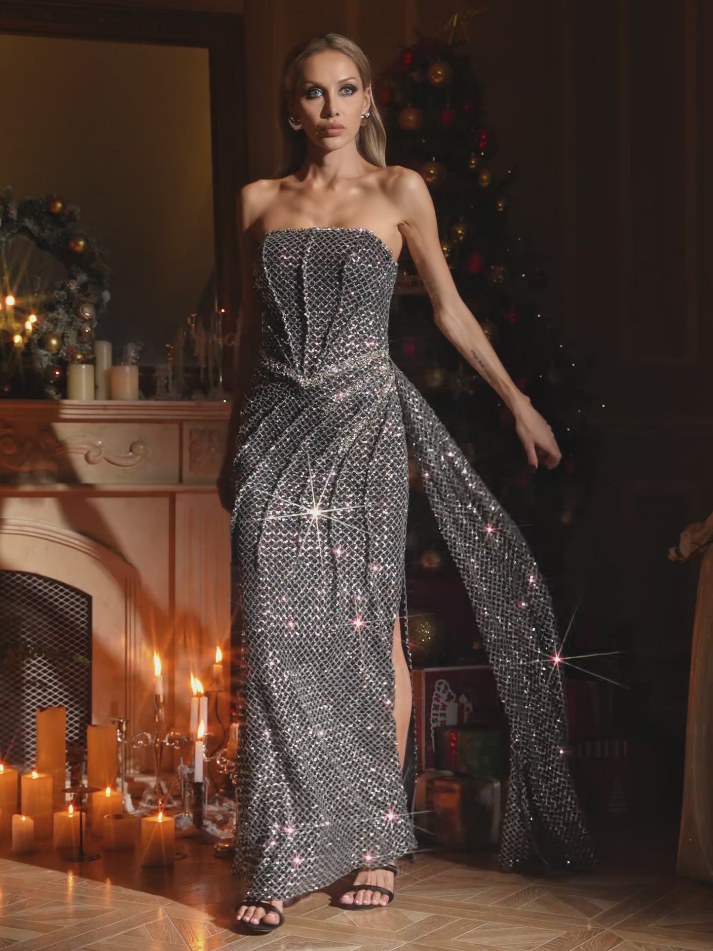 Glein Strapless Ruched Sequin Maxi Dress In Black